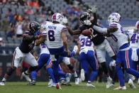 Chicago Bears' Isaiah Ford (32) blocks the punt of Buffalo Bills' Sam Martin (8) during the second half of an NFL preseason football game, Saturday, Aug. 26, 2023, in Chicago. (AP Photo/Nam Y. Huh)