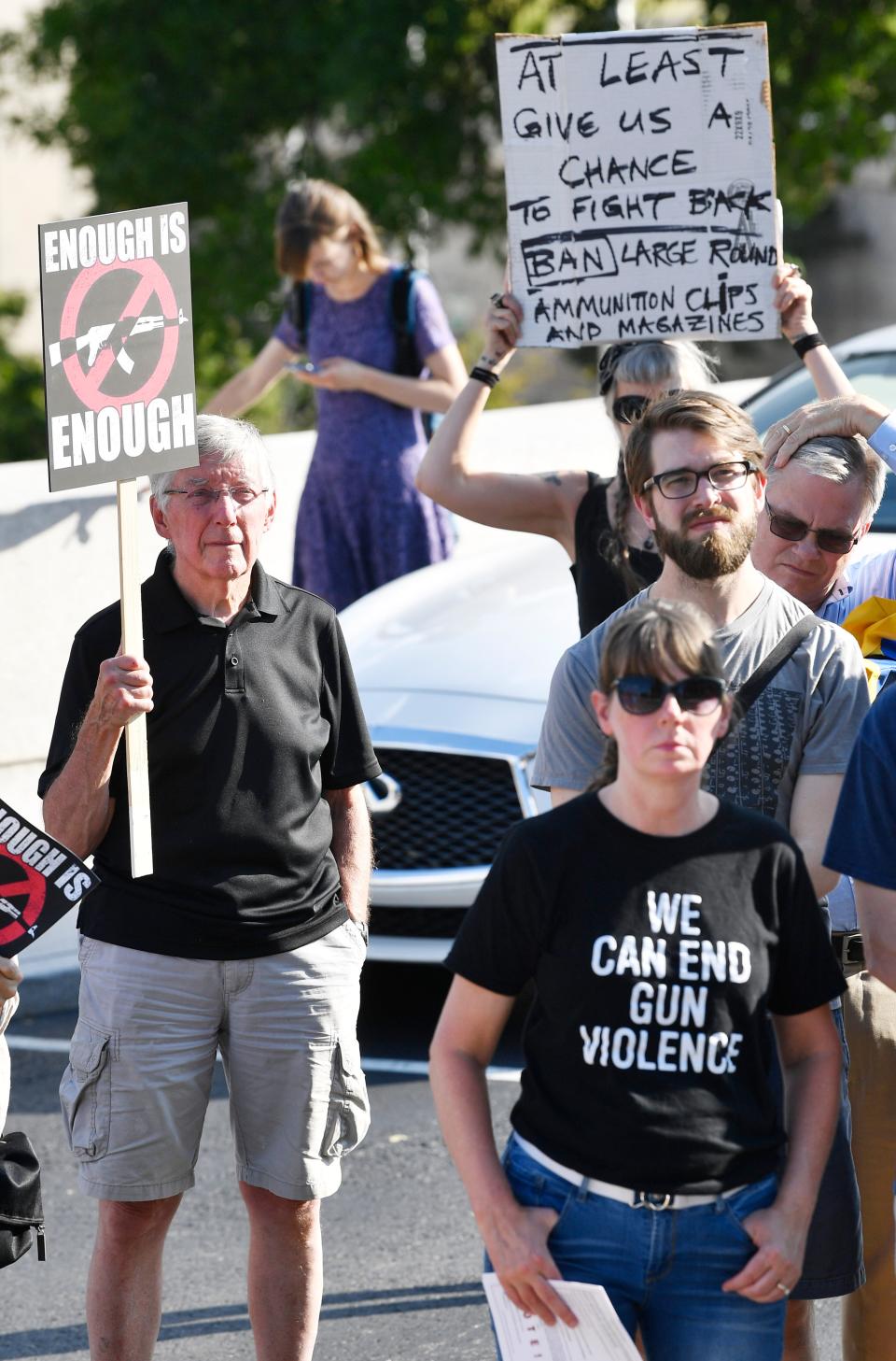 Concerned citizens hold a rally at the state capitol to end gun violence Monday, Aug. 5, 2019, in Nashville, Tenn. 