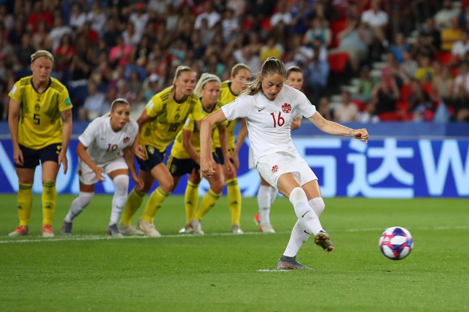 Janine Beckie of Canada misses a penalty during the 2019 FIFA Women's World Cup France Round Of 16 match between Sweden and Canada at Parc des Princes on June 24, 2019 in Paris, France. (Photo by Richard Heathcote/Getty Images)