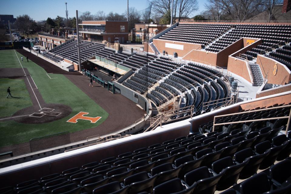 Additional rows of seats as well as a photographer well have been added along the right field line as renovation work continues at Lindsey Nelson Stadium on the University of Tennessee campus in Knoxville on Tuesday, February 6, 2024.