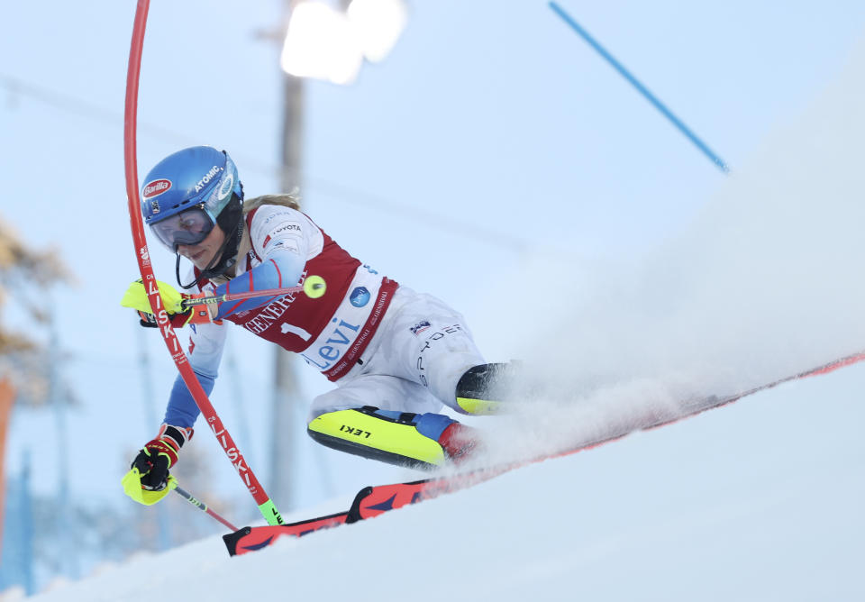 United States' Mikaela Shiffrin competes during the first run of an alpine ski, World Cup women's slalom in Levi, Finland, Sunday, Nov. 21, 2021. (AP Photo/Alessandro Trovati)