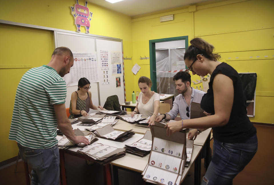 Counting of ballots for the election for members of the European Parliament is underway in a polling station in Bologna, Italy, Sunday, June 9, 2024. (Michele Nucci/LaPresse via AP)