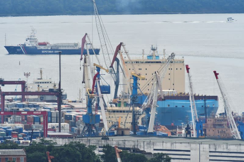 FILE PHOTO: The Venta Maersk in the Russian port of Vladivostok as it prepares to set off on its Arctic voyage