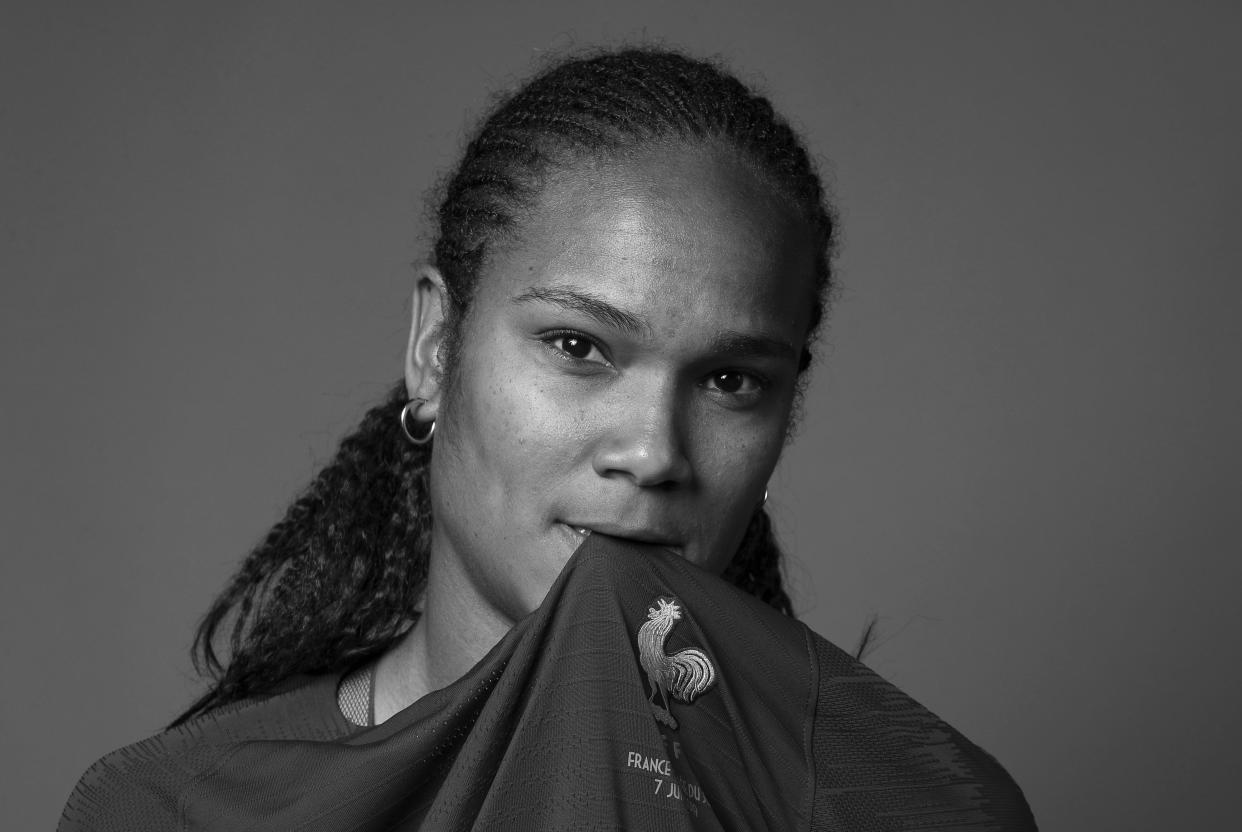 PARIS, FRANCE - JUNE 04: (EDITORS NOTE: Image has been converted to black and white.) Wendie Renard of France poses for a portrait during the official FIFA Women's World Cup 2019 portrait session at Hotel Clairefontaine on June 04, 2019 in Paris, France. (Photo by Catherine Ivill - FIFA/FIFA via Getty Images)