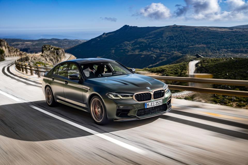 <p>The 2022 BMW M5 isn't a subdued sedan. It's an endless thrill ride on four wheels. Based on the <a href="https://www.caranddriver.com/bmw/5-series" rel="nofollow noopener" target="_blank" data-ylk="slk:regular BMW 5-series;elm:context_link;itc:0;sec:content-canvas" class="link ">regular BMW 5-series</a> and amplified by the brand's M division, this four-door phenom features a twin-turbo V-8 that makes up to 627 horsepower and pushes the M5 to achieve heroic acceleration numbers. Helping in the blitz are its excellent automatic transmission and tenacious all-wheel-drive system, which includes a rear-drive mode for hanging the tail out. While the big-bodied sedan feels less agile than smaller models in BMW's portfolio of M cars, it has the athleticism and hardware to hold its own on a track. It also earns a spot on <a href="https://www.caranddriver.com/features/a38873223/2022-editors-choice/" rel="nofollow noopener" target="_blank" data-ylk="slk:our Editors' Choice list;elm:context_link;itc:0;sec:content-canvas" class="link ">our Editors' Choice list</a>. Plus, the 2022 M5's richly appointed interior will make any trip—be it to the road course or the lake house—enjoyable.<br></p><p><a class="link " href="https://www.caranddriver.com/bmw/m5" rel="nofollow noopener" target="_blank" data-ylk="slk:Review, Pricing, and Specs;elm:context_link;itc:0;sec:content-canvas">Review, Pricing, and Specs</a></p>