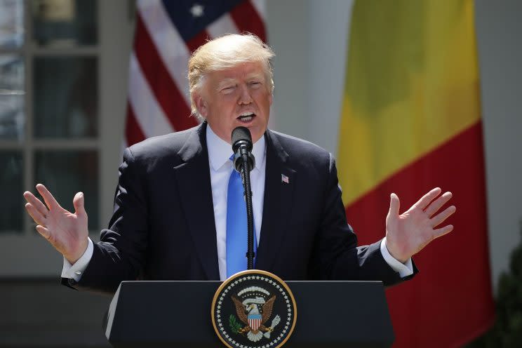 Trump speaks during a news conference in the Rose Garden last week. (Chip Somodevilla/Getty Images)