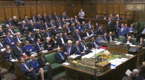 British Prime Minister Boris Johnson speaking in the House of Commons, London during the debate for the European Union Withdrawal Agreement Bill: Second Reading. Tuesday, Oct. 22, 2019. British Prime Minister Boris Johnson's European Union divorce bill faces two votes Tuesday, with lawmakers first being asked to approve it in principle, followed by a vote on the government's schedule for debate and possible amendments. (House of Commons/via AP)