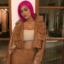 <p>Latex isn’t just for dresses, here she wore a beige latex jacket and matching trousers. Photo: Instagram @kyliejenner </p>