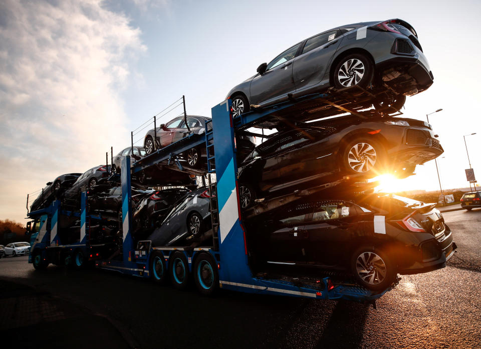 A lorry with car carrier trailer leaves the Honda car plant in Swindon, Britain, February 18, 2019. REUTERS/Eddie Keogh