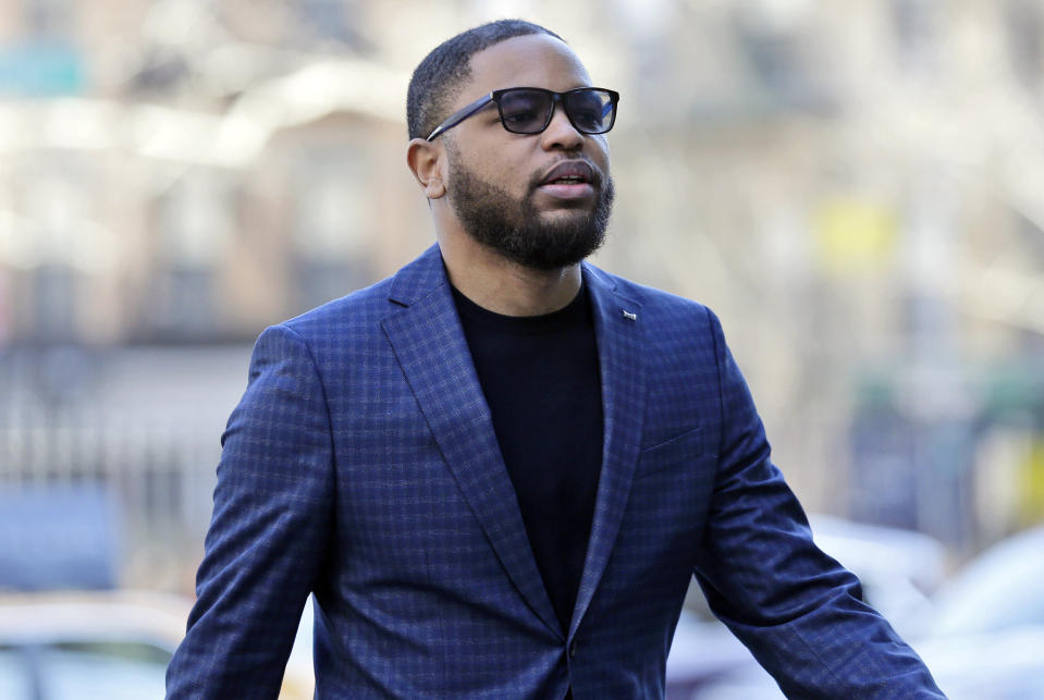 Christian Dawkins arrives at federal court in New York. Dawkins took the stand in his own defense Wednesday during the second federal trial on basketball corruption. (AP)