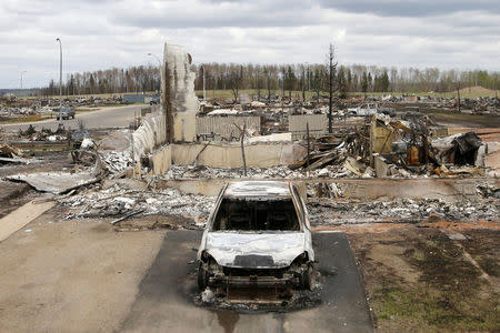A charred vehicle and home are pictured in the Beacon Hill neighbourhood of Fort McMurray, Alberta, Canada, May 9, 2016 after wildfires forced the evacuation of the town. REUTERS/Chris Wattie