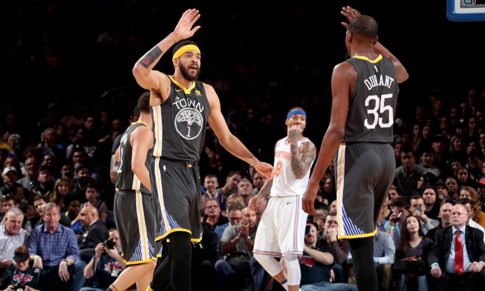 Kevin Durant and JaVale McGee of Golden State Warriors. (Photo: Nathaniel S. Butler via Getty Images)