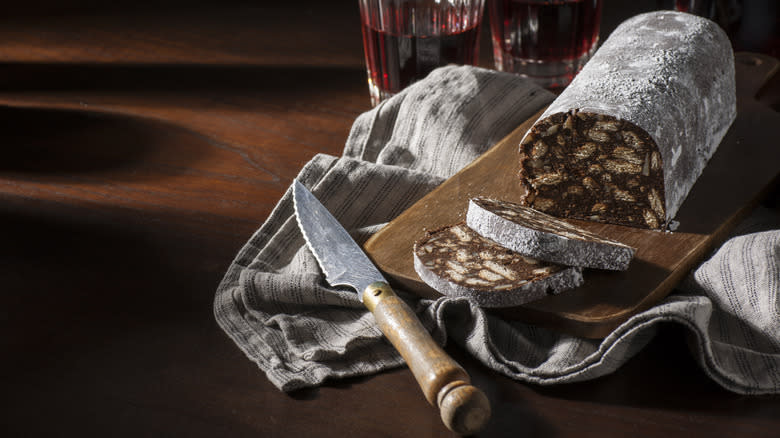 Chocolate salami on a cutting board