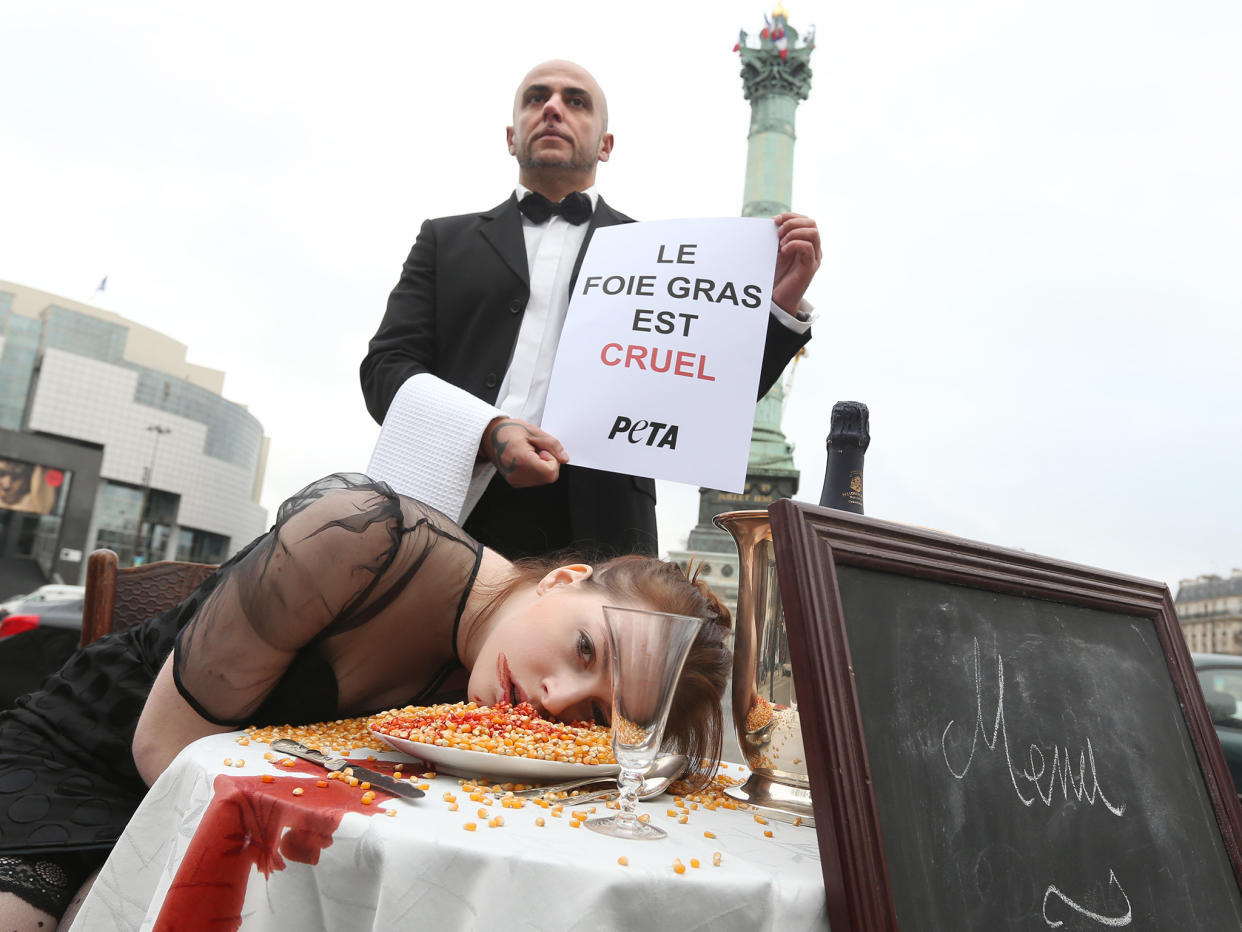 Peta protesting against foie gras production in Paris in 2012: Getty Images