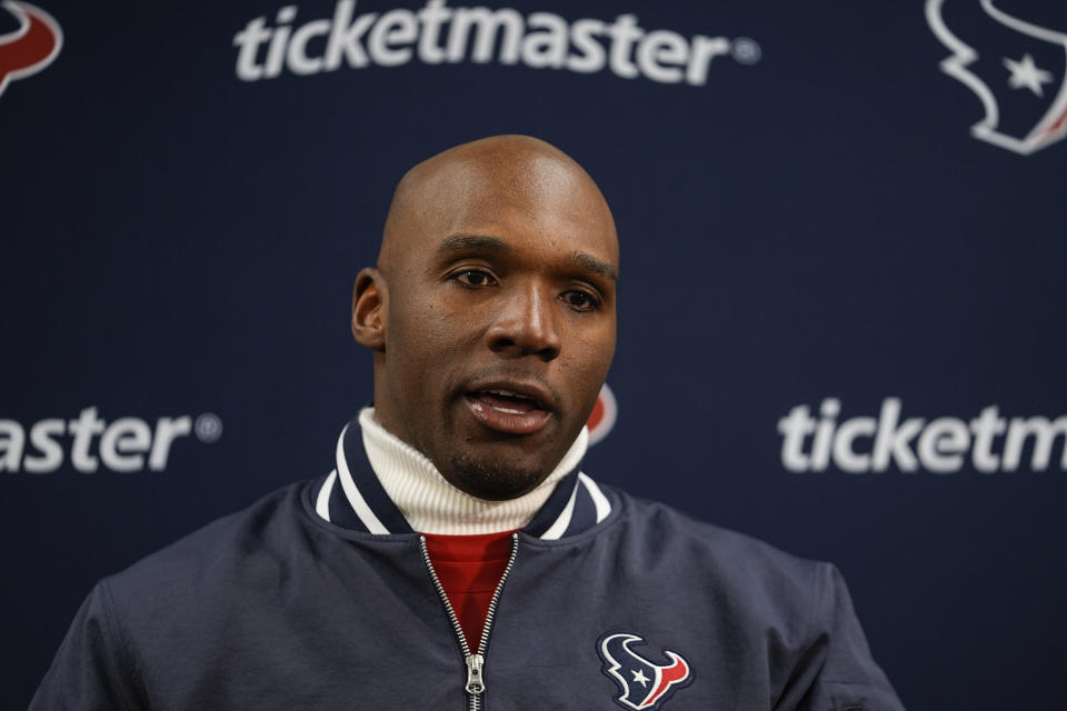 Houston Texans head coach DeMeco Ryans speaks during a news conference after an NFL football AFC divisional playoff game between the Baltimore Ravens and the Houston Texans, Saturday, Jan. 20, 2024, in Baltimore. The Baltimore Ravens won 34-10. (AP Photo/Julio Cortez)