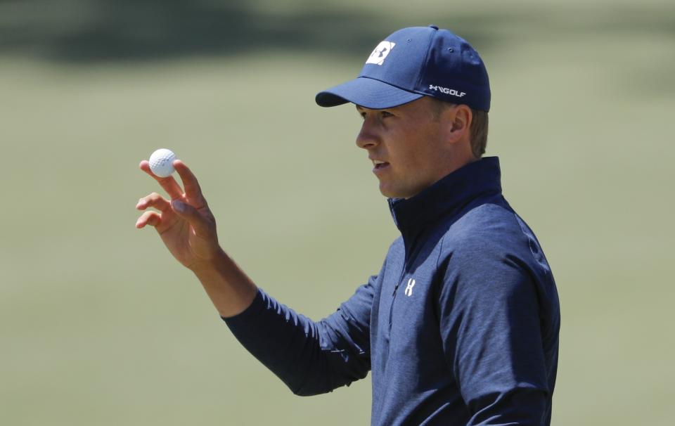 Jordan Spieth reacts after putting on the second hole during the first round at the Masters golf tournament Thursday, April 5, 2018, in Augusta, Ga. (AP)