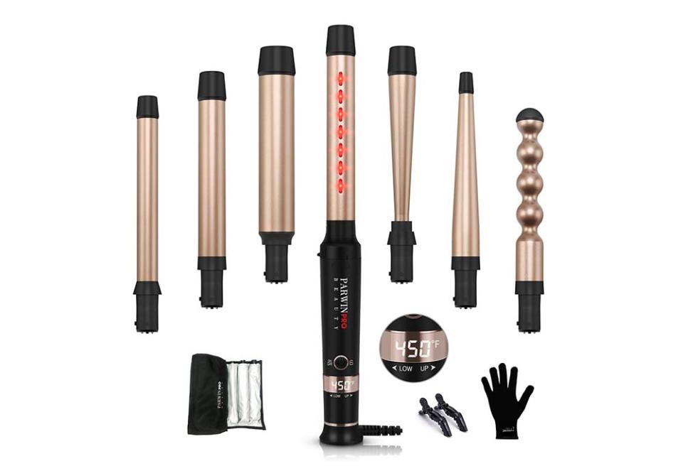 7 -in-1 Infrared Curling Iron Wand Set ,Dual Voltage Curling Wand with Temperature Control , Auto Shut Off ,Hair Curler for Wavy/Air Bang/Ringlet/Spiral with Glove and Clips, best amazon prime day curling irons