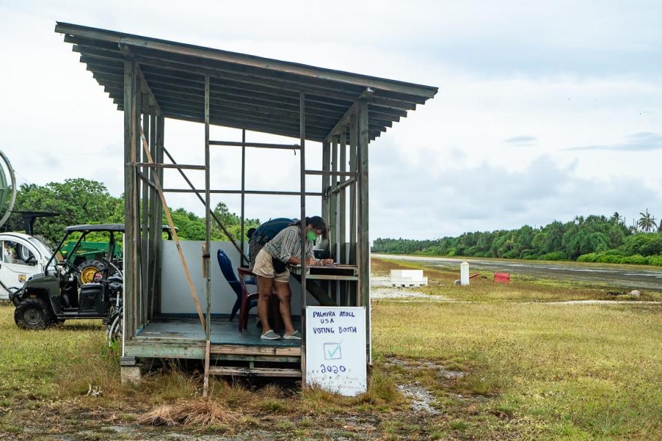 The scientists of Palmyra Atoll built a mini voting booth during the 2020 election.Courtesy of The Nature Conservancy / Sarah Glover