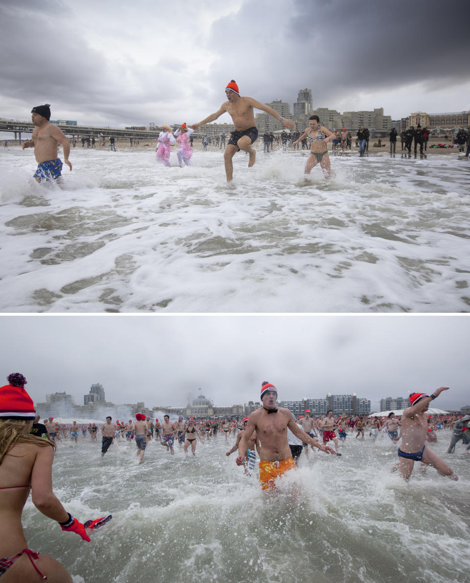 This combo image shows at top that in stark contrast to previous years only a few people braved chilly temperatures to take the traditional New Year's dip in the North Sea, in Scheveningen, on Friday, Jan. 1, 2021, and below, a file photo taken from the same angle as hundreds of people ran into the sea during New Year's celebrations in 2012. Coronavirus restrictions canceled celebrations and gatherings throughout The Netherlands. As the world said goodbye to 2020, a year ruined by the coronavirus, there were countdowns and live performances, but no massed jubilant crowds in traditional gathering spots. (AP Photo/Peter Dejong)