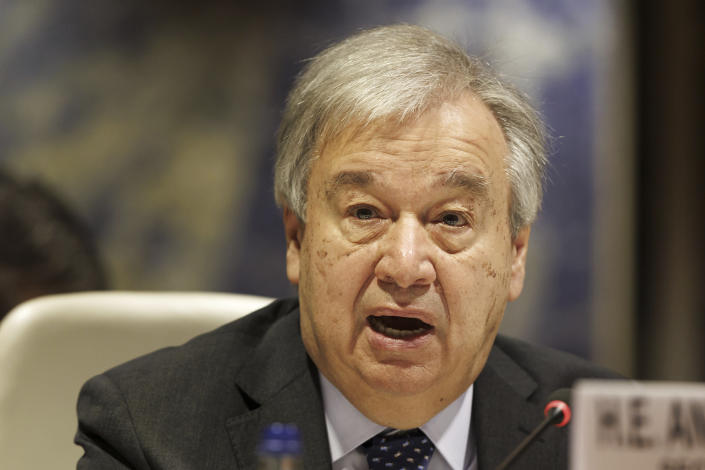 U.N. Secretary-General Antonio Guterres speaks during the International Conference on Climate-Resilient Pakistan, at the European headquarters of the United Nation, in Geneva, Switzerland, Monday, Jan. 9, 2023. (Salvatore Di Nolfi/Keystone via AP)