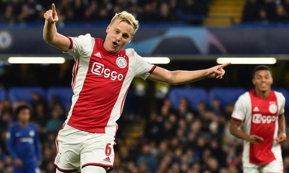 Donny Van de Beek celebrating after scoring for Ajax against Chelsea in November 2019