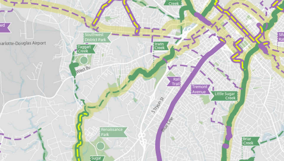 A dotted green line shows where Mecklenburg County wants to expand the Irwin Creek Greenway.