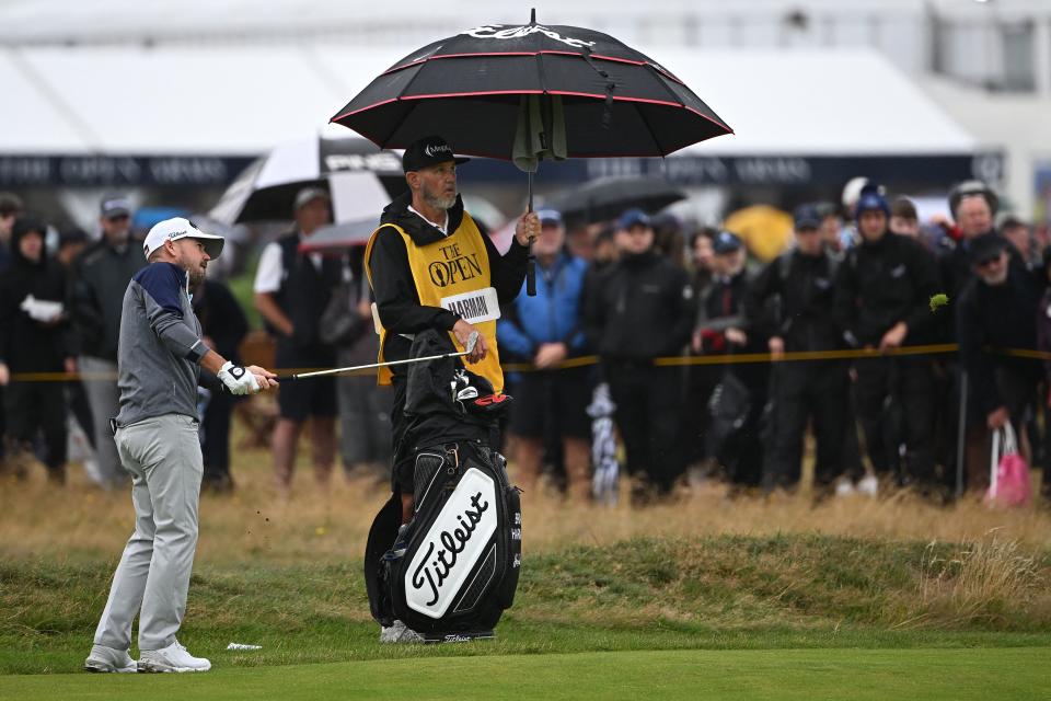 US golfer Brian Harman chips on to the 7th green on day three of the 151st British Open Golf Championship at Royal Liverpool Golf Course in Hoylake, north west England on July 22, 2023. The 151st Open at The Royal Liverpool Golf Course is set to run until July 23. (Photo by PAUL ELLIS/AFP via Getty Images)