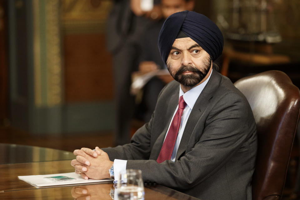 File: Ajay Banga, president and chief executive officer of MasterCard Inc., listens during a meeting in the Vice President's Ceremonial Office in Washington, D.C., U.S., on Thursday, May 27, 2021.  / Credit: Ting Shen/Bloomberg via Getty Images