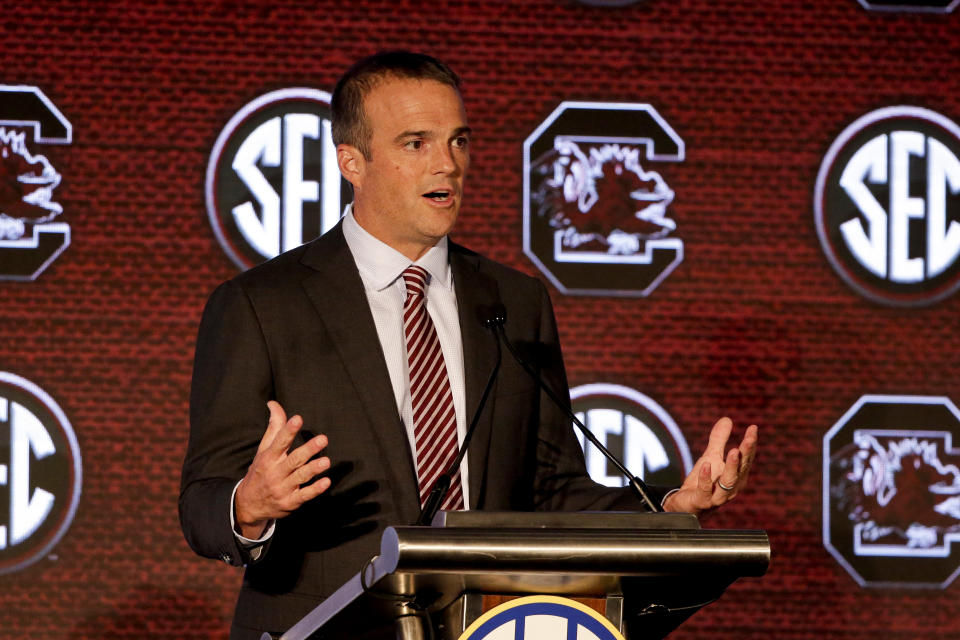 South Carolina head coach Shane Beamer speaks to reporters during the NCAA college football Southeastern Conference Media Days, Monday, July 19, 2021, in Hoover, Ala. (AP Photo/Butch Dill)