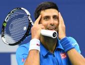 Sept 11, 2016; New York, NY, USA; Novak Djokovic of Serbia reacts to a missed shot while playing Stan Wawrinka of Switzerland in the men's singles final on day fourteen of the 2016 U.S. Open tennis tournament at USTA Billie Jean King National Tennis Center. Mandatory Credit: Robert Deutsch-USA TODAY Sports