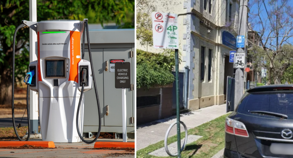 Left image of an electric vehicle charging station. Right image of an electric charging bay road sign to stop people parking there.