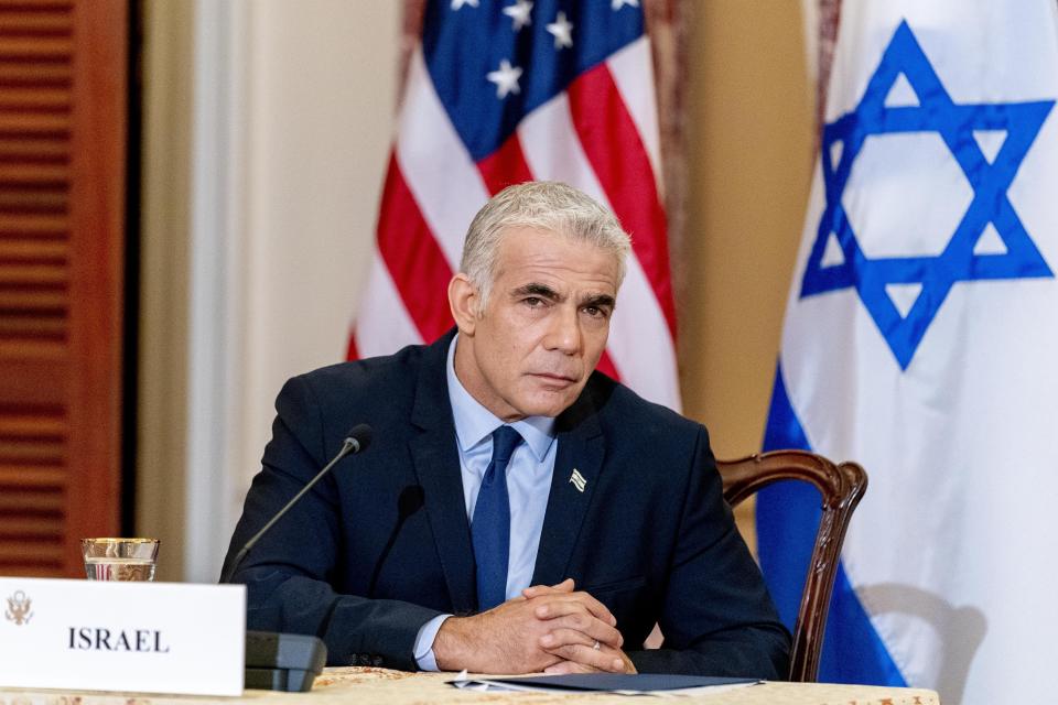 Israeli Foreign Minister Yair Lapid appears at a news conference with Secretary of State Antony Blinken and United Arab Emirates Foreign Minister Sheikh Abdullah bin Zayed al-Nahyanin, at the State Department in Washington, Wednesday, Oct. 13, 2021. (AP Photo/Andrew Harnik, Pool)