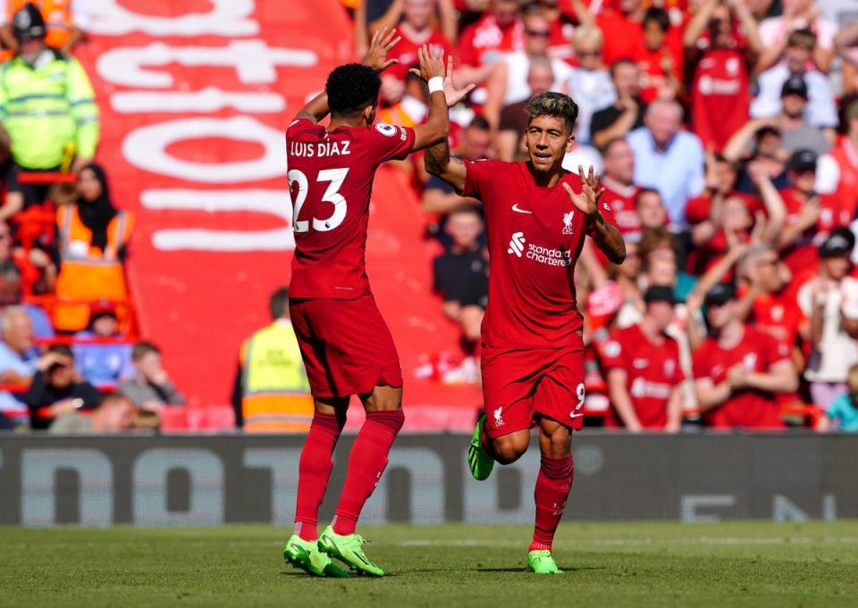 Roberto Firmino, right, inspired Liverpool’s rout as Luis Diaz also scored twice (Peter Byrne/PA) (PA Wire)