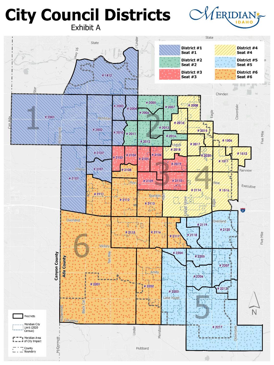 A proposal for six new city council districts in Meridian. The Idaho Legislature enacted a law that forces cities with more than 10,000 residents to elect council members by district rather than at-large.