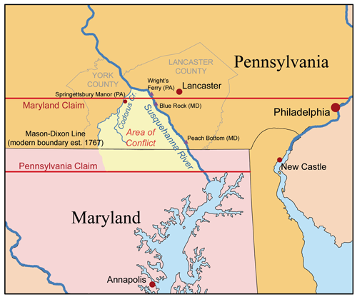 This map shows the original border claims made by Pennsylvania and Maryland. The British Crown commissioned the Mason-Dixon survey team to decide the matter, which was resolved by 1767.