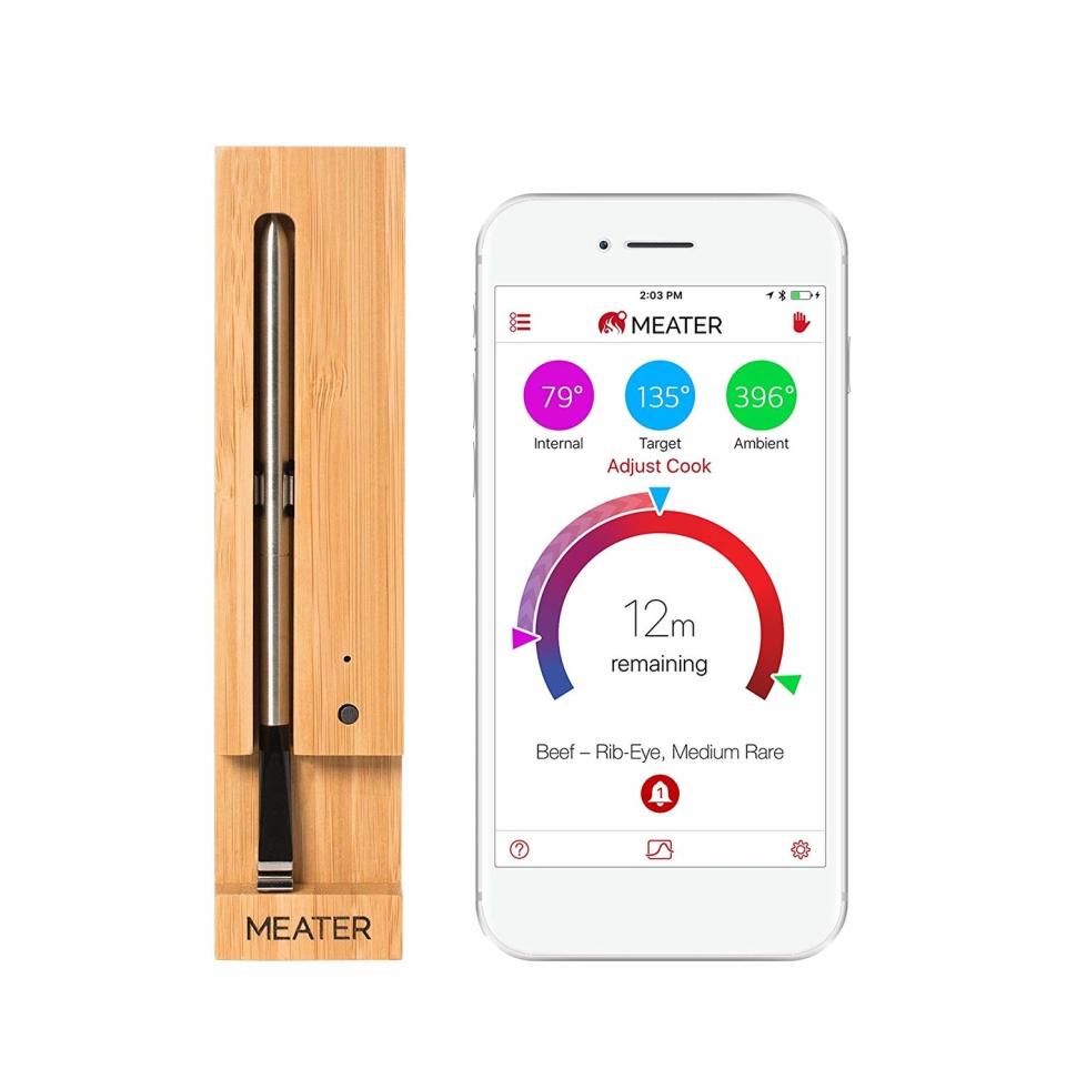 For the cook who’s never quite sure if the meat is done, this handy thermometer not only tracks the temp of your roast chicken as it cooks through an app but also makes suggestions based on what’s in the oven or on the grill. It also has two sensors that simultaneously take the temperature of the meat as well as the ambient air around it to accurately predict when it’s juuuuust right.
SHOP NOW: Smart meat thermometer by Meater, $69, amazon.com.