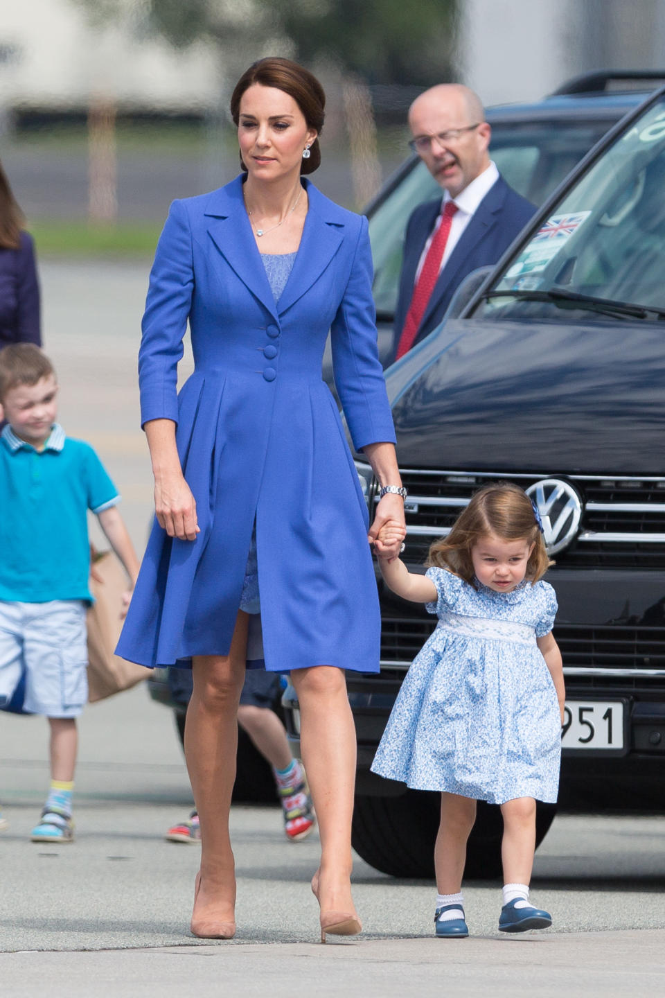 Kate and Charlotte in similar blue tones in Germany in 2017. Source: Getty