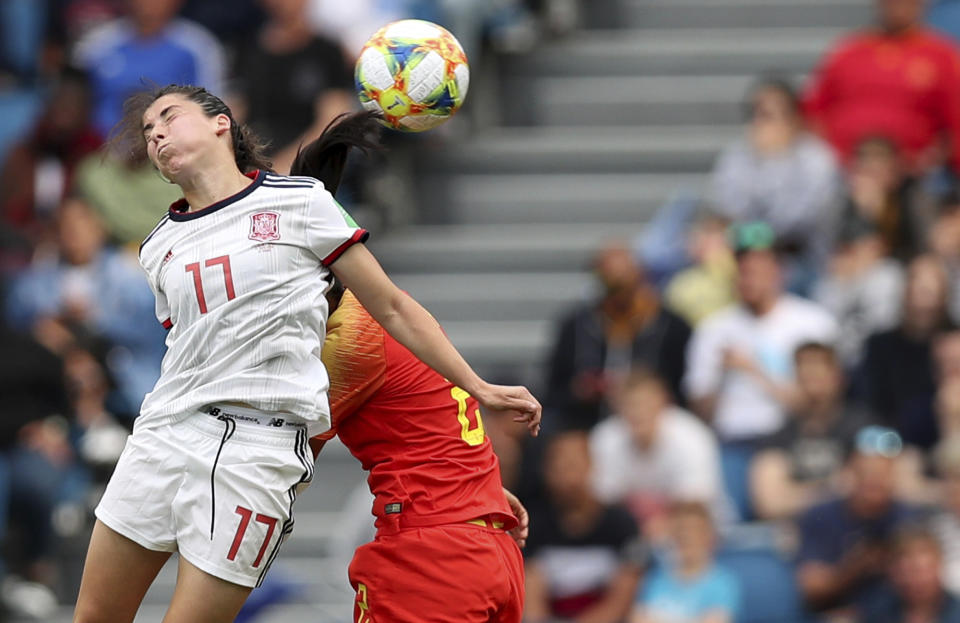 Spain's Lucia Garcia goes up for a header during the Women's World Cup Group B soccer match between China and Spain at the Stade Oceane in Le Havre, France, Monday, June 17, 2019. (AP Photo/Francisco Seco)