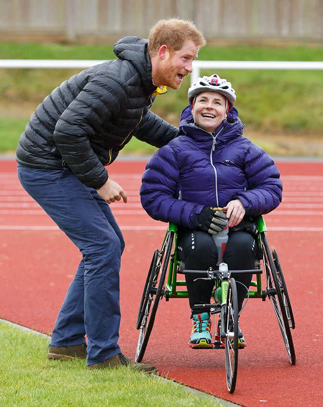 Prince Harry with wheelchair athlete Anna Pollock as he attends the UK team trials for the Invictus Games in Orlando at the University of Bath on January 29, 2016. Photo: Getty