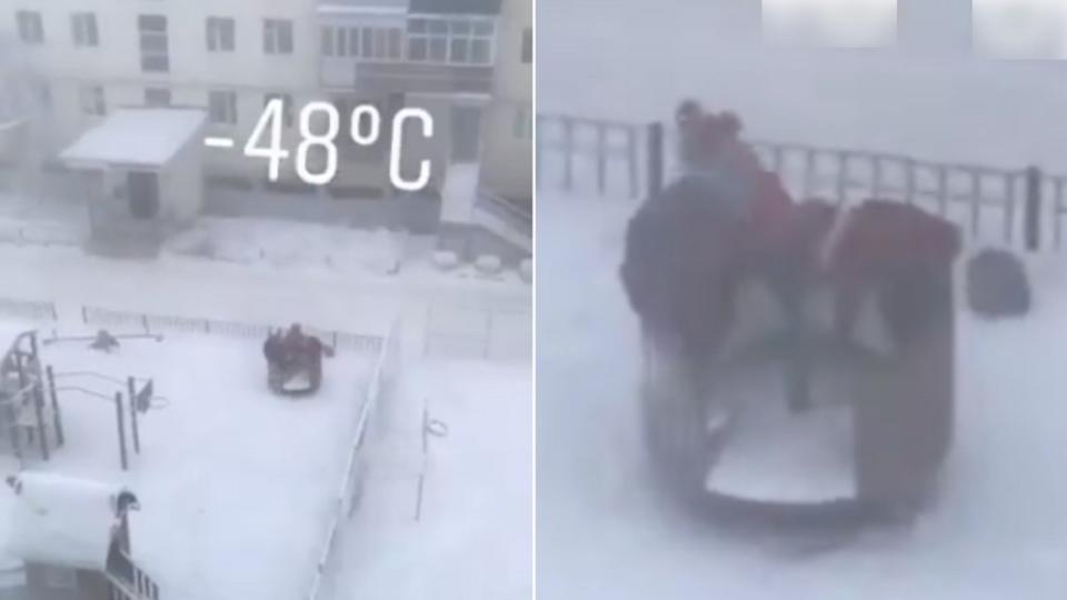 3名學童在零下48度的戶外玩耍。（合成圖／翻攝自The Siberian Times推特）