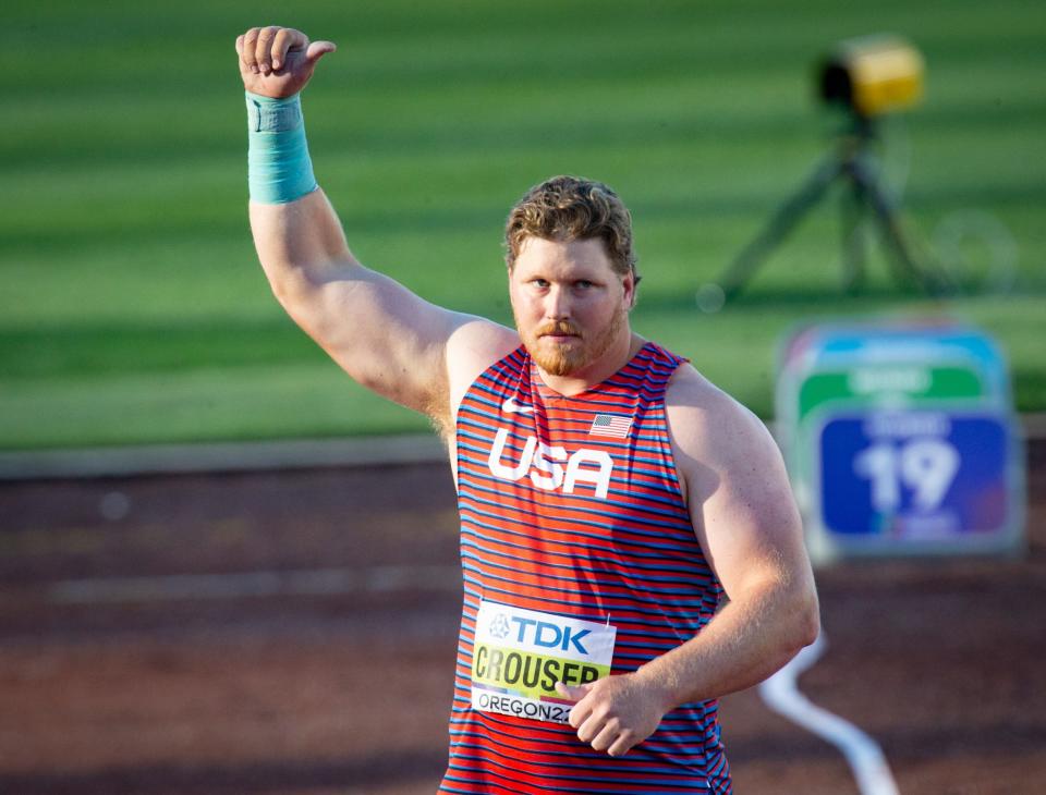 Oregon's Ryan Crouser needed one throw of 73 feet, 1 1/4 inches to advance during the World Athletics Championships at Hayward Field in Eugene, Oregon July 15, 2022.