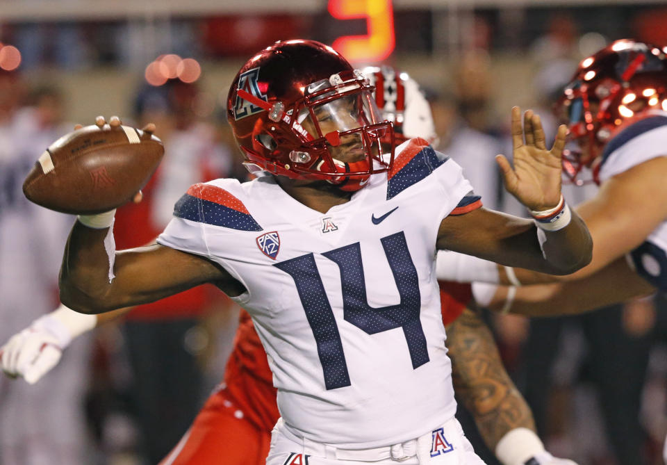 Arizona quarterback Khalil Tate first injured his ankle in Week 2 vs. Houston. (AP Photo/Rick Bowmer)