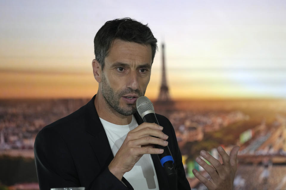 Paris 2024 Olympics Organizing Committee President Tony Estanguet speaks during a press conference at the headquarters of Paris 2024 in Saint-Denis, outside Paris, Tuesday, July 18, 2023. Estanguet said the operating budget for the 2024 Games is "under control" and that partnership deals are on track with one year to go before the opening ceremony. (AP Photo/Christophe Ena)