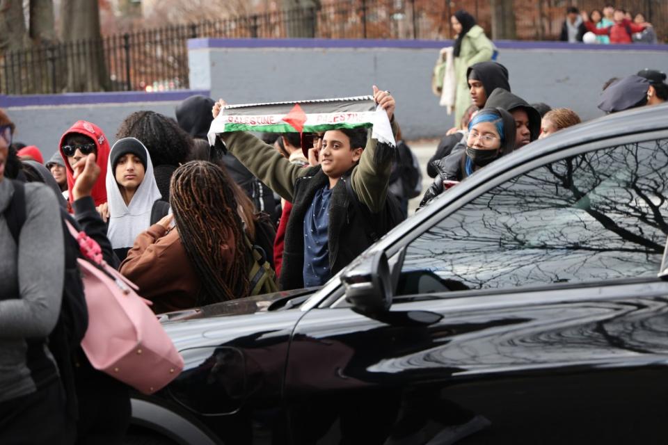 Students at Hillcrest HS protest the war in Gaza as NYC Schools Chancellor David Banks arrived at Hillcrest High School on Nov. 27, a week after the riot. Dennis A. Clark