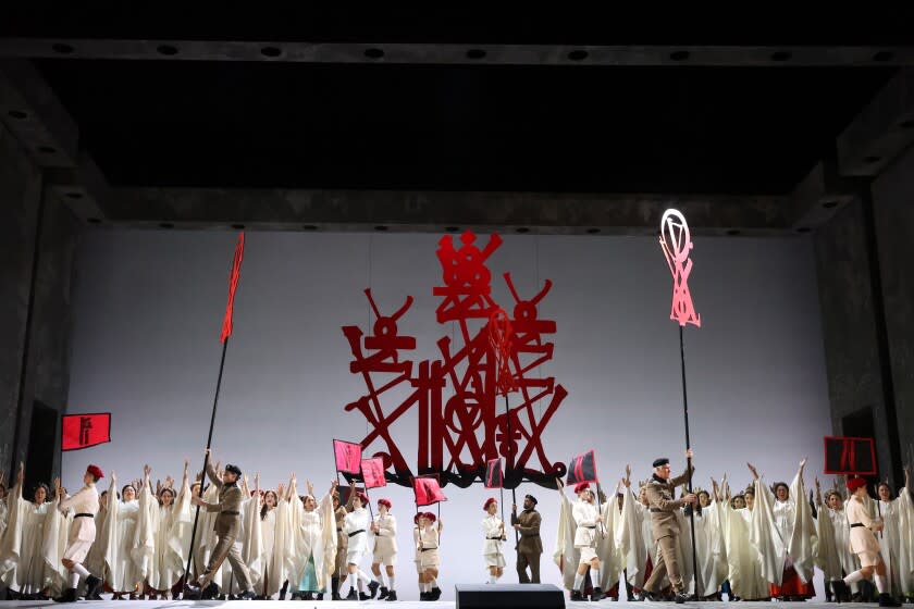 Los Angeles, CA - May 18: Actors perform onstage during the dress rehearsal of Aida at the Wednesday, May 18, 2022 in Los Angeles, CA.(Dania Maxwell / Los Angeles Times)