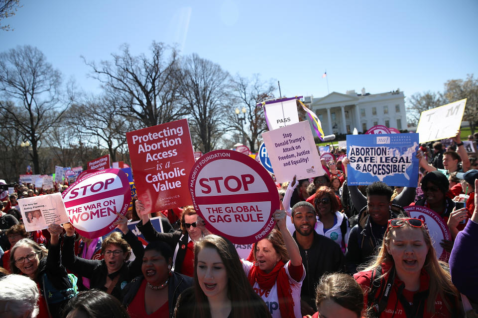 Protesters rallying in support of women’s health programs and against the White House global gag rule, March 8, 2017. (Photo: Justin Sullivan/Getty Images)