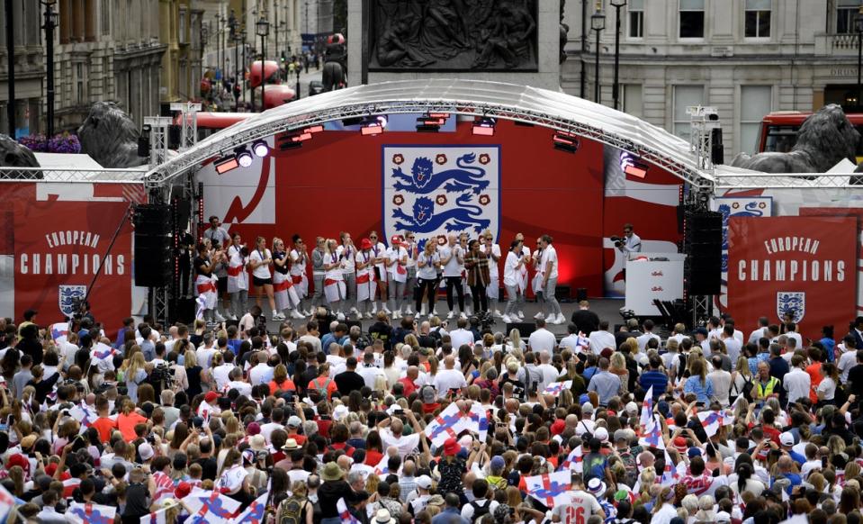 The England team on stage during a fan celebration in Trafalgar Square, London, to commemorate England’s historic Euro 2022 triumph (Beresford Hodge/PA) (PA Wire)