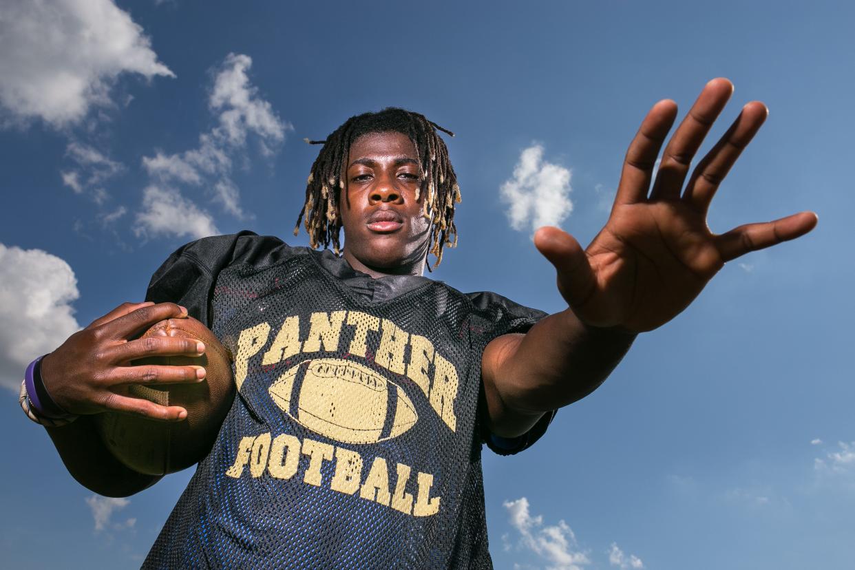 Star running back and defensive back Marey Roby poses for a portrait during a practice at Lena-Winslow High School Tuesday, Aug. 17, 2021, in Lena.