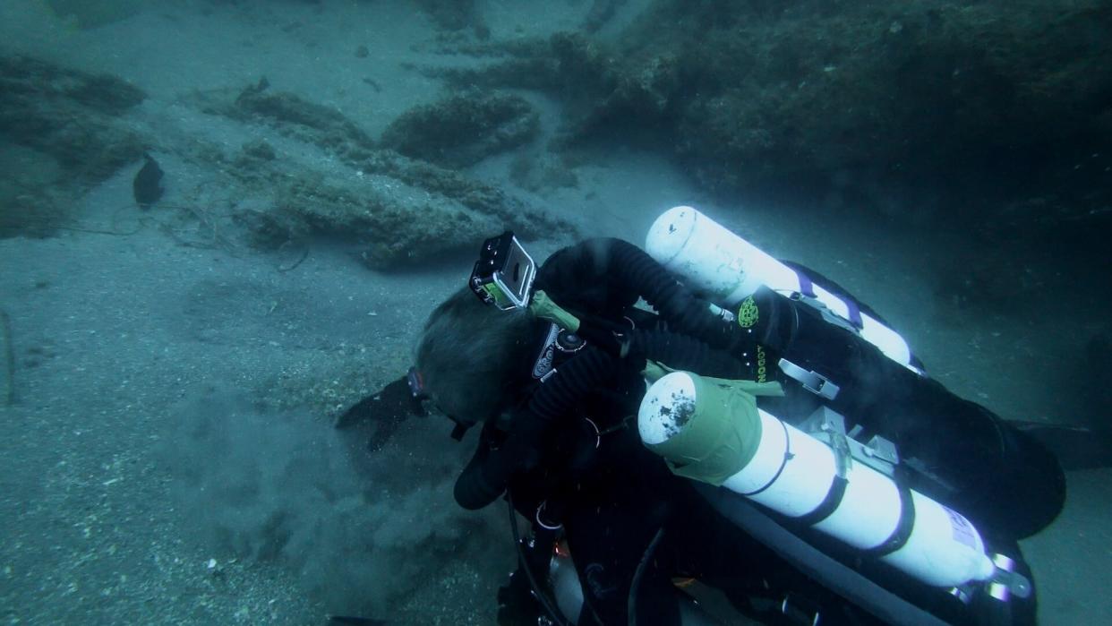 Michael Barnette on the wreck of the SS Cotopaxi searching for clues. (Photo: Science Channel)