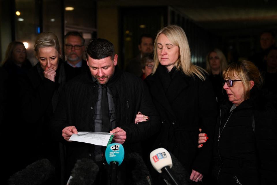 Peter Spooner, father of murdered teenager Brianna Ghey, reads a statement to the media outside of Manchester Crown Court (AFP via Getty Images)